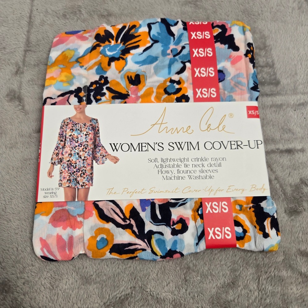Anne Cole Floral Swim Cover-Up Crinkle Rayon Flounce Sleeve XS/S Multi